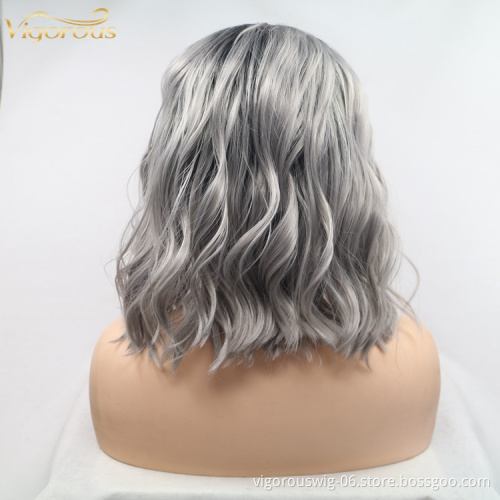 Vigorous ombre short bob premium high quality curly wholesale black women synthetic hair wigs with lace front